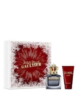 Gift set featuring a 100ml bottle of Jean Paul Gaultier Scandal Pour Homme EDT with a gold cap and a 75ml red shower gel, all presented in a festive red and white box.