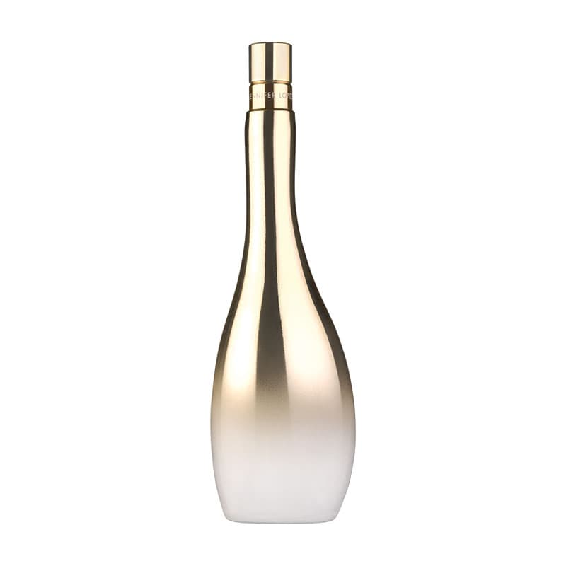 Gold and white gradient bottle with a sleek, curvy design, featuring a metallic cap, labeled "Jennifer Lopez Enduring Glow 100 Ml."