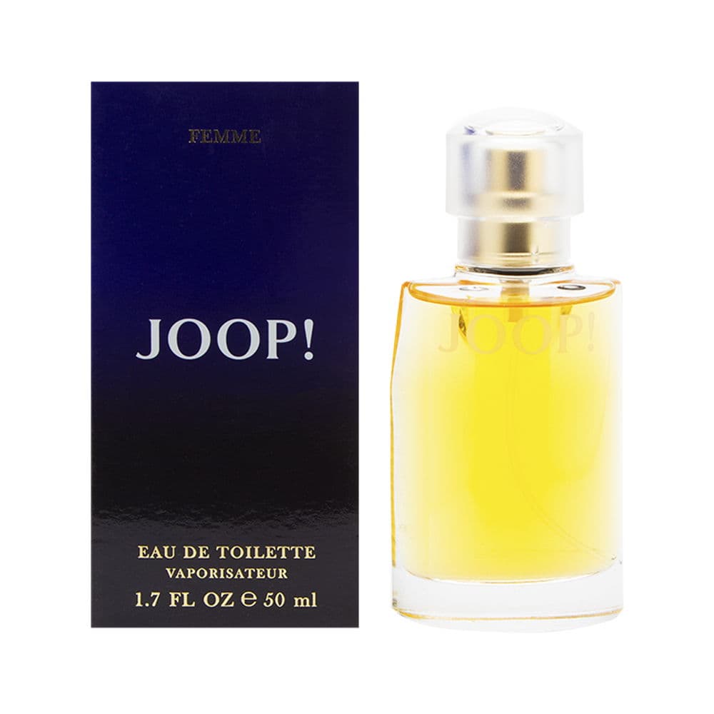 Clear glass bottle with a gold cap, containing yellow perfume, alongside a dark blue box featuring the brand name "JOOP!" in white letters.