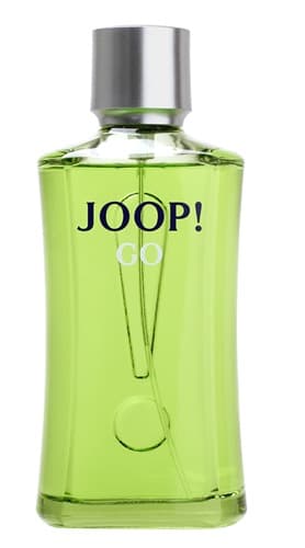 Clear glass bottle with a sleek design, featuring a vibrant green liquid, silver cap, and bold "JOOP! GO" logo in dark blue.