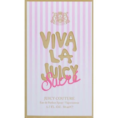 Viva La Juicy Sucre Eau De Parfum packaging features pink and gold stripes with bold, playful lettering and a pink cursive signature, housed in a gold-bordered box.