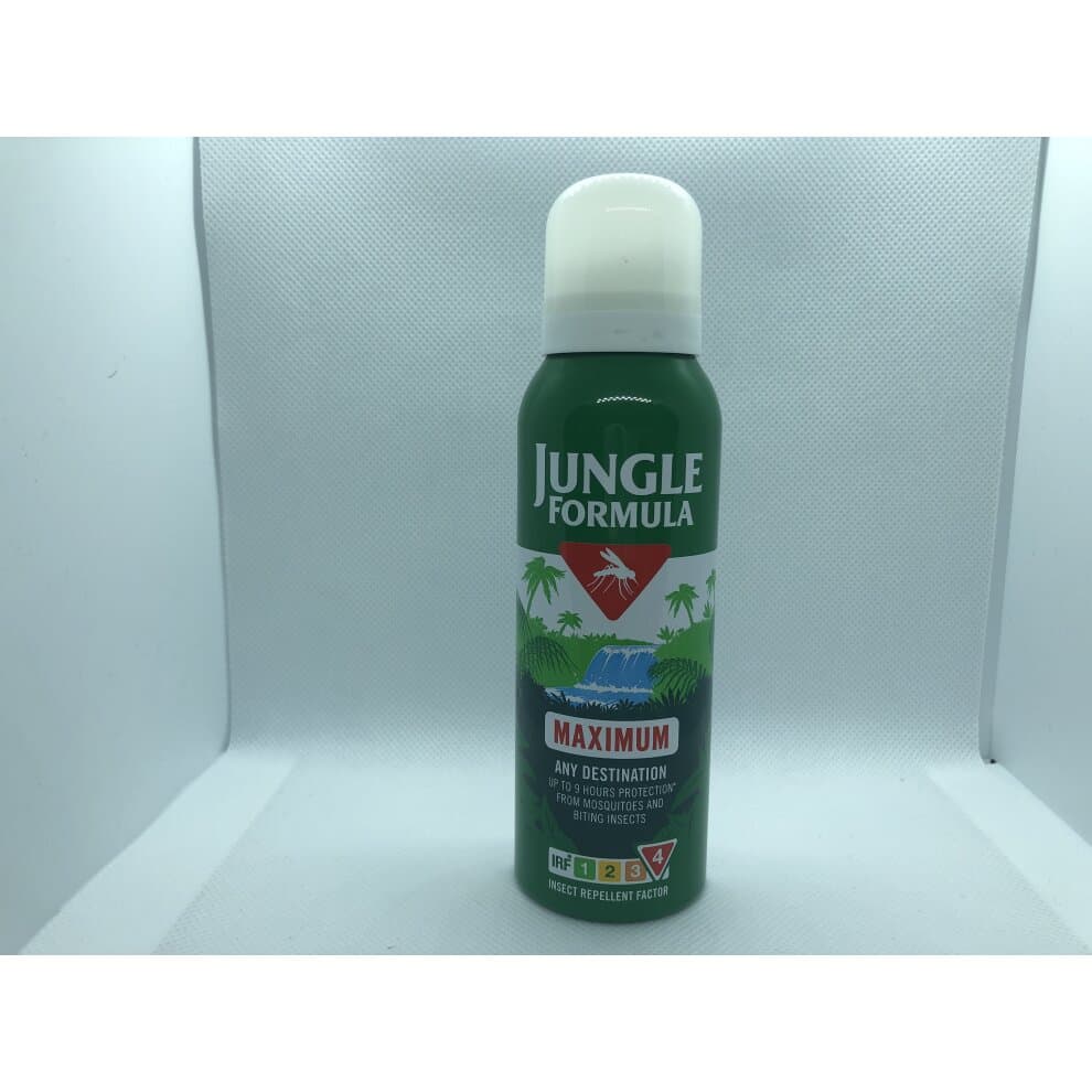 Green aerosol can featuring "Jungle Formula" logo, with a white cap, tropical imagery, and "MAXIMUM" label, designed for insect repellent use, 125ml size.