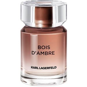 Clear glass bottle with a square shape, featuring a silver and transparent cap, filled with a warm amber-colored fragrance labeled "Bois D'Ambre" by Karl Lagerfeld.