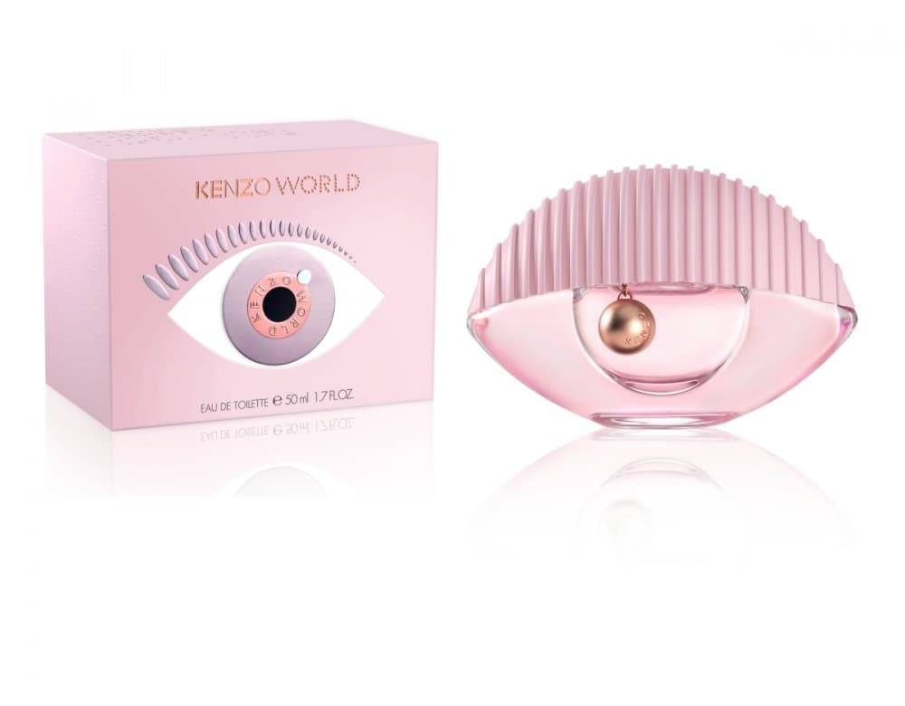 Light pink bottle with a unique eye-shaped design, featuring a gold ball inside, next to a matching pink box with a raised eye graphic and the Kenzo logo.