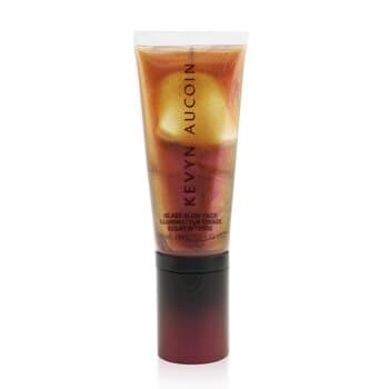 Kevyn Aucoin Glass Glow Face Highlighter in Cosmic Flame, featuring a sleek tube with a gradient gold and purple design, showcasing a luminous, shimmering liquid highlighter.