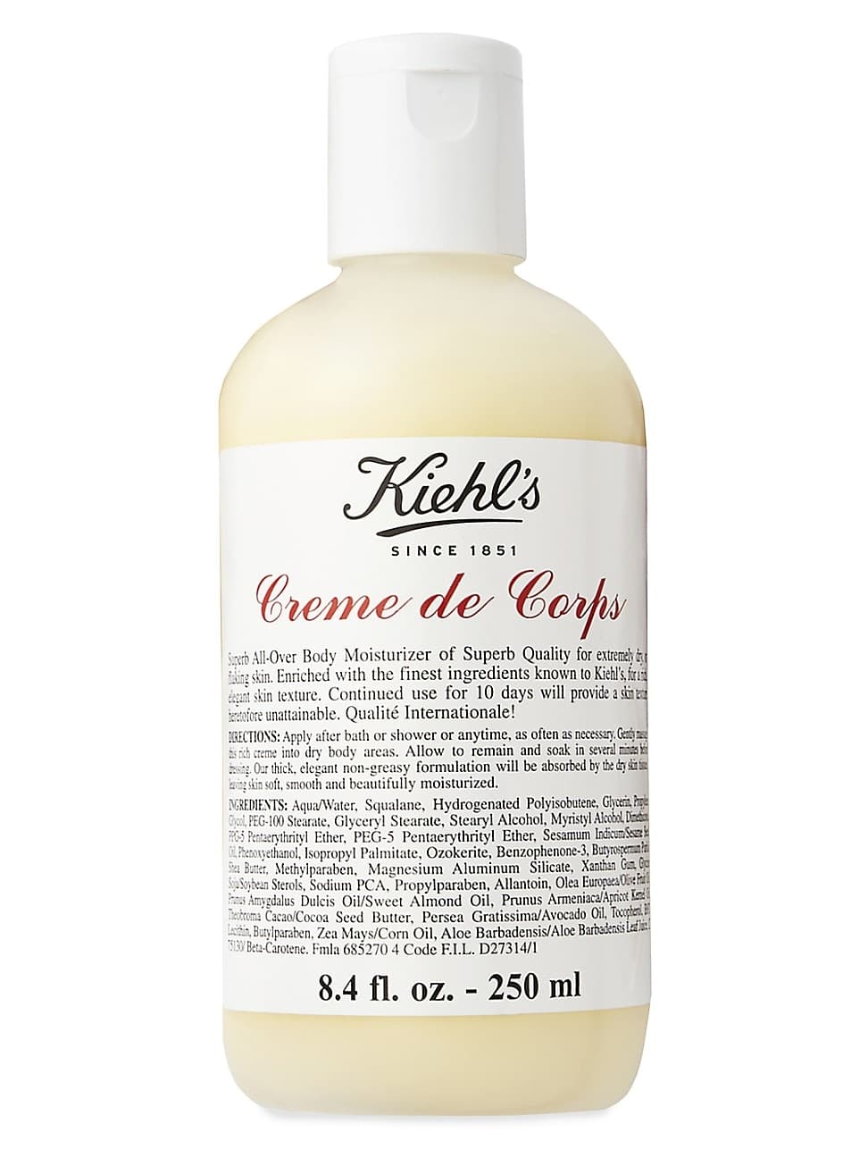 KIEHL'S Creme De Corps in a white plastic bottle with a pump top, featuring a label with black text and a vintage design, contains 500ml of rich body moisturizer.