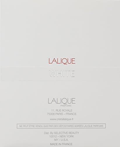 Lalique White Pour Homme Eau De Toilette Spray in a sleek, minimalist white box featuring elegant black text and a logo, highlighting its luxury fragrance.