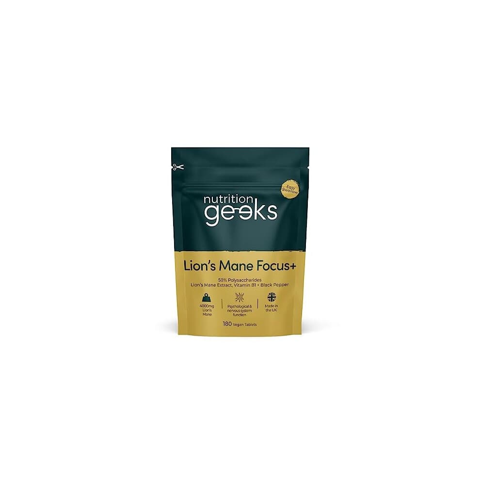 Green and gold packaging for Lion's Mane Supplement, featuring "Nutrition Geeks" logo, with details on 4000mg, Vitamin B1, Black Pepper, and 180 vegan tablets.