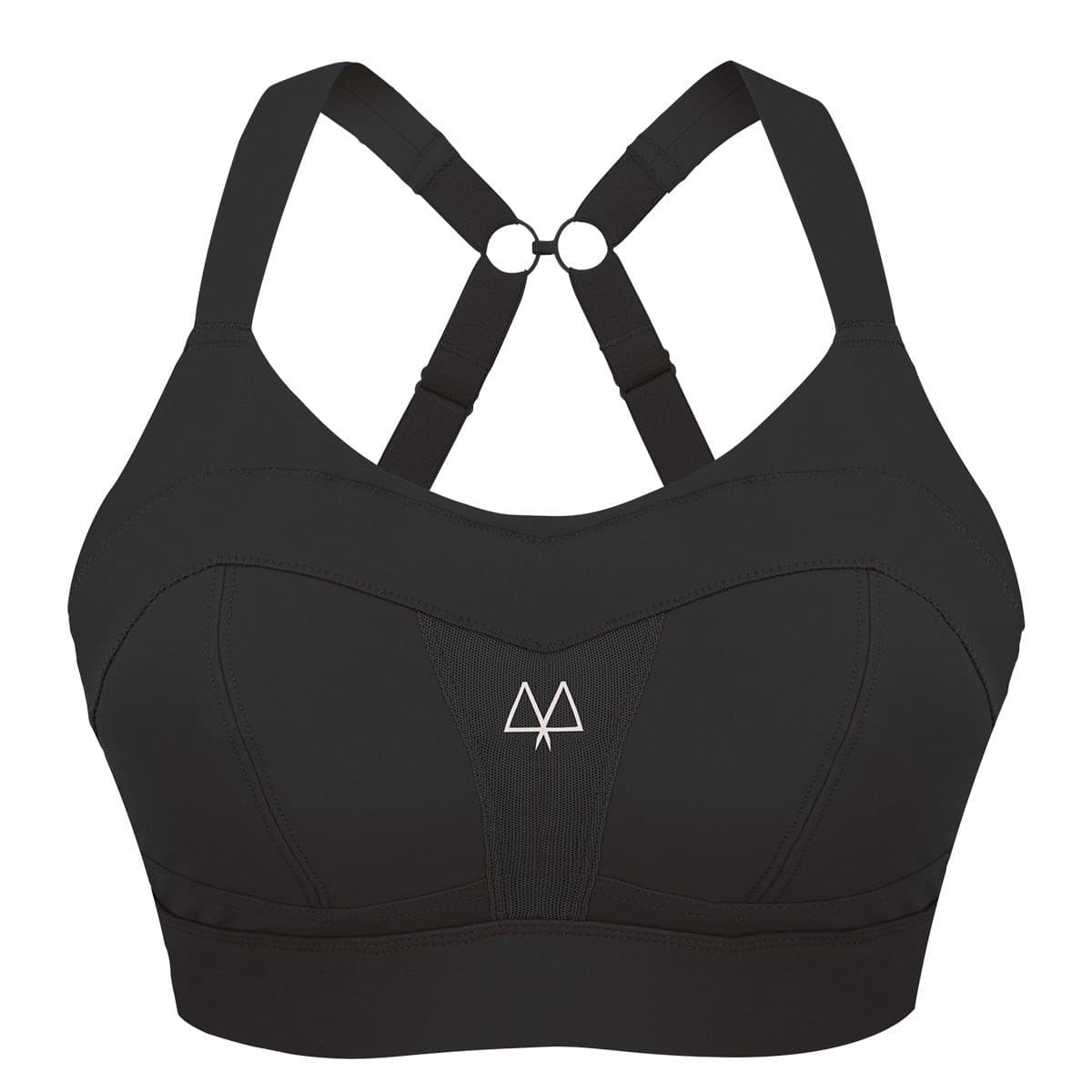 Black high-impact sports bra featuring adjustable straps, a sleek design, and a subtle logo on the front, made from breathable material for optimal support.