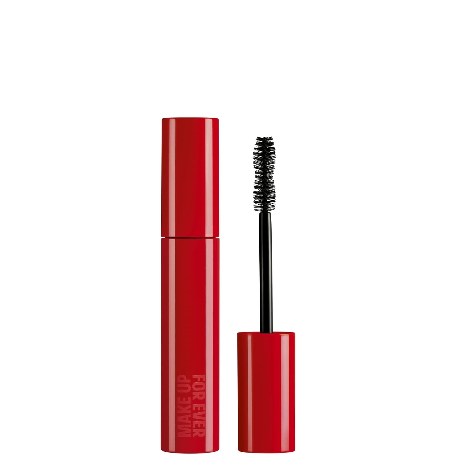 Bright red tube of MAKE UP FOR EVER Volume Artist Mascara with a black, bristle brush applicator, designed for enhancing lash volume.