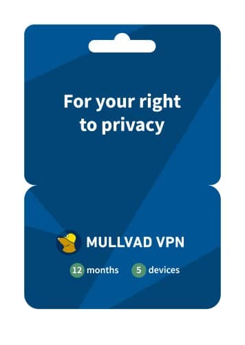 Blue card featuring the text "For your right to privacy" and "MULLVAD VPN," with icons indicating "12 months" and "5 devices," along with a yellow duck logo.