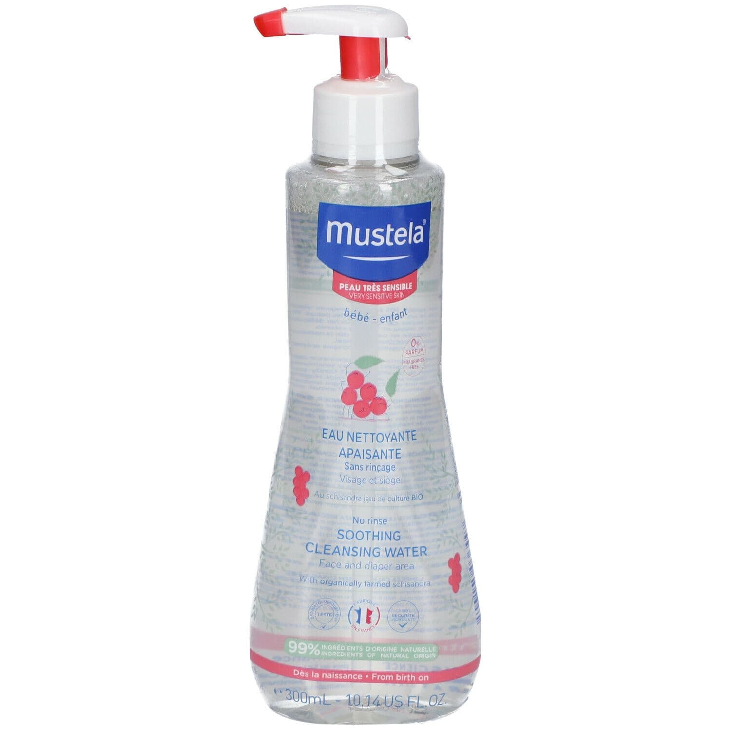 Clear plastic bottle of Mustela No Rinse Soothing Cleansing Water, featuring a red and white pump, labeled for very sensitive skin, 10.14 fl oz, with a soothing formula and fragrance-free.