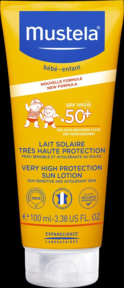 Yellow tube of Mustela Very High Protection Sun Lotion SPF 50+, featuring blue text and a child-friendly design, labeled for sensitive skin, with a capacity of 100 ml.
