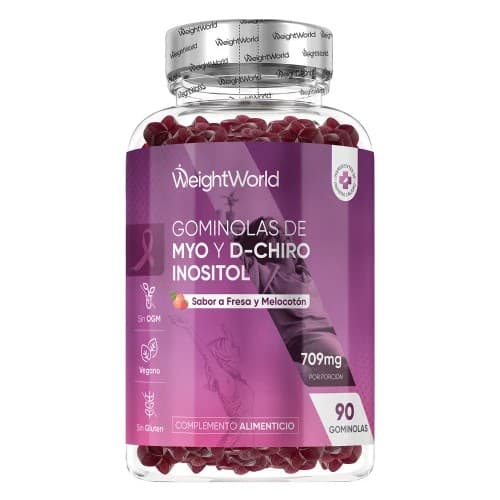Transparent bottle containing 90 dark red gummies labeled "Myo & D-Chiro Inositol" with a purple and white design, highlighting strawberry and melon flavor, and featuring dietary symbols.