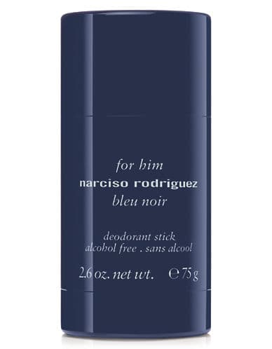 Dark blue cylindrical deodorant stick with a smooth finish, labeled "Narciso Rodriguez Bleu Noir" in white text, alcohol-free, 2.5 oz, designed for men.