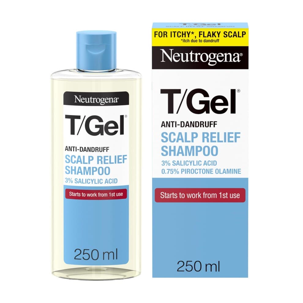 Clear bottle of T/Gel Scalp Relief Anti-Dandruff Shampoo (250ml) with a blue label, featuring "3% Salicylic Acid" and "Clinically Proven Formula" text, alongside a matching box.