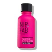 Bright pink bottle of Nip + Fab Salicylic Fix 2% Blemish Lotion with a black cap, featuring bold black text and a sleek, matte finish.