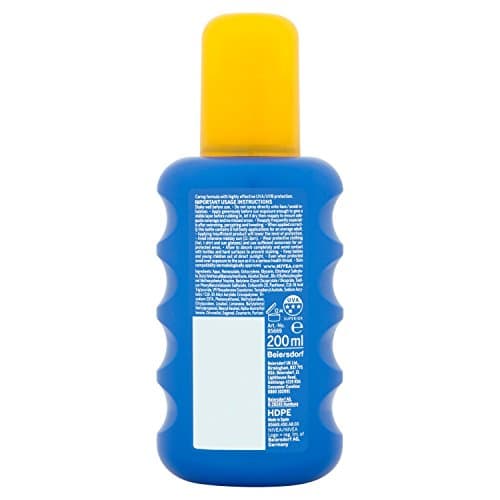 Blue plastic bottle of Nivea Sun Moisturising Sun Spray SPF 50, featuring a yellow cap, textured grip, and a 200ml label on the back.