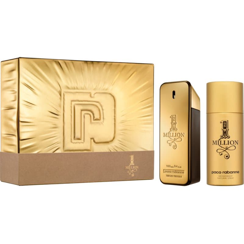 Gold gift box featuring a textured design, containing a sleek gold fragrance bottle and a matching deodorant spray, both labeled "1 Million" by Paco Rabanne.