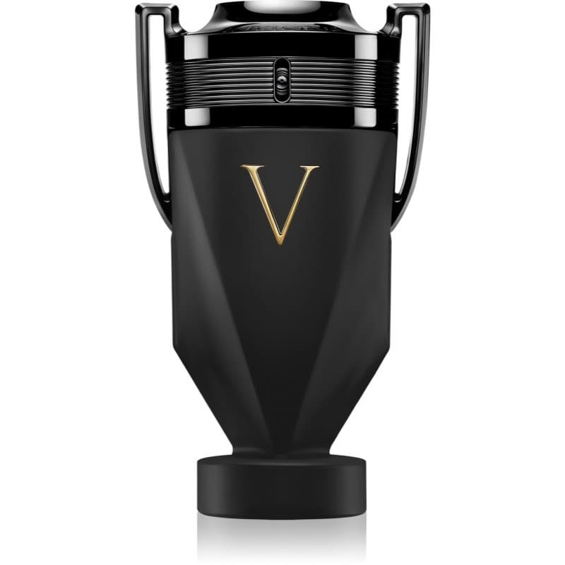 Black trophy-shaped bottle with a matte finish, featuring a gold "V" emblem and sleek silver accents, designed for Invictus Victory Absolu by Paco Rabanne, 6.8 oz parfum intense spray for men.
