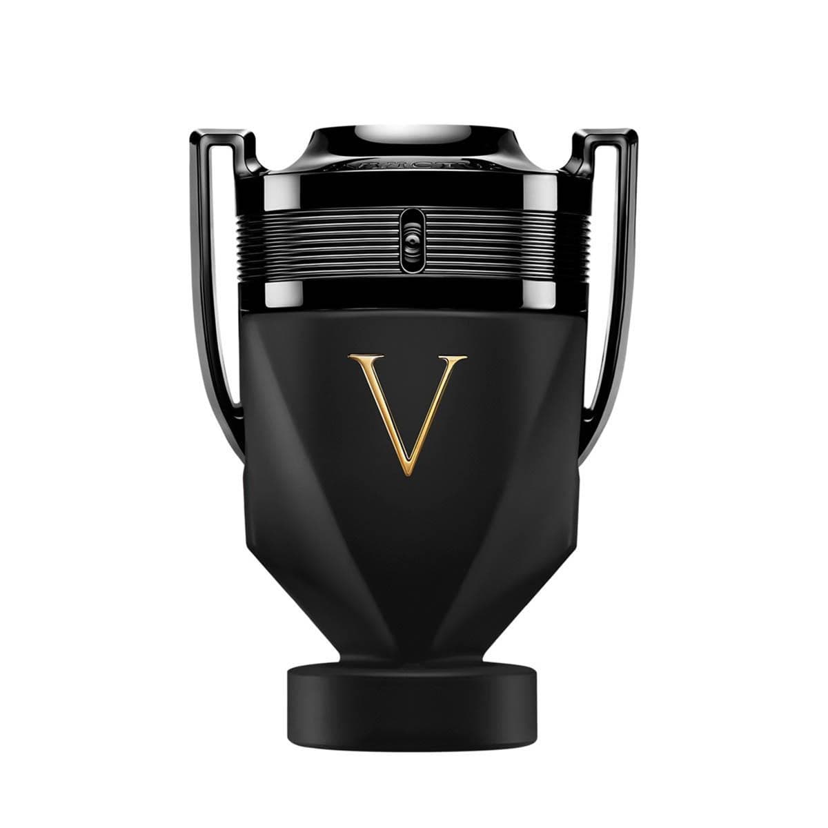 Black and gold trophy-shaped bottle with a matte finish, featuring a prominent gold "V" on the front and sleek metallic accents, representing Paco Rabanne's Invictus Victory Absolu Intense.