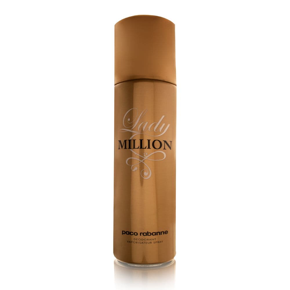 Gold and silver cylindrical deodorant spray canister with "Lady Million" in elegant script, featuring a sleek design and a gold cap, labeled for women by Paco Rabanne.