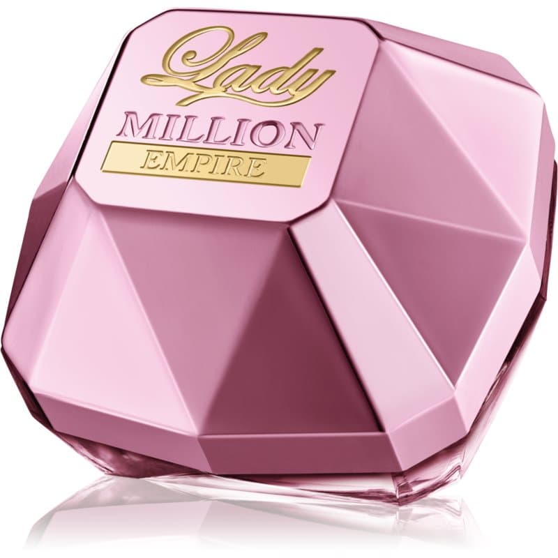 Faceted pink diamond-shaped bottle with gold accents, featuring "Lady Million Empire" label, containing 30ml of fragrance by Paco Rabanne.