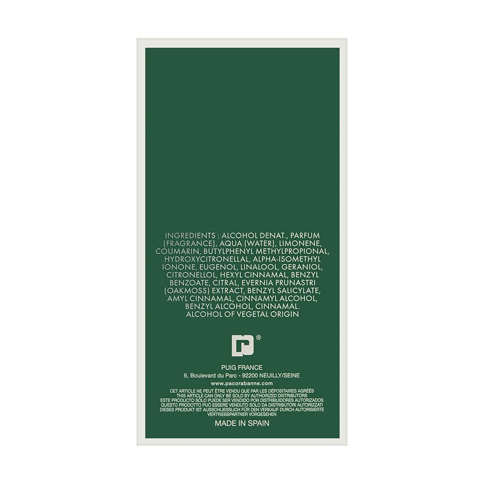 Green rectangular box featuring white text listing ingredients, with a logo at the bottom and "MADE IN SPAIN" printed on the lower section.