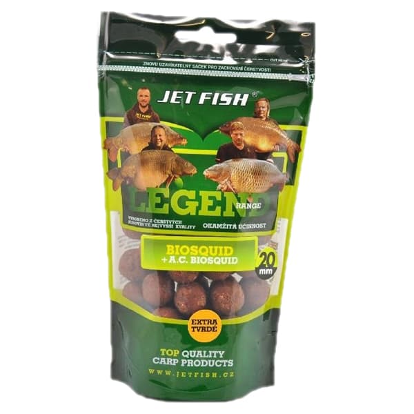 Green packaging featuring the Jet Fish Legend Range logo, with images of fish and fishermen, containing 250g of 20mm red boilies labeled "Extra Tvrd" and "Biosquid + A.C. Biosquid."