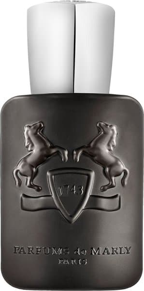 Black rectangular bottle with a shiny silver cap, featuring embossed horses and a shield design, labeled "Parfums de Marly 1743" and "Pegasus Exclusif Eau De Parfum."