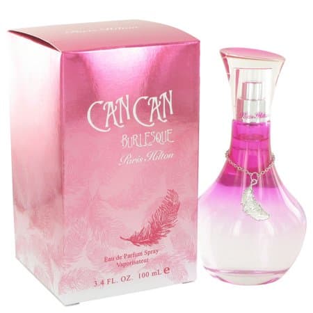 Pink and silver box featuring "Can Can Burlesque" in elegant font, alongside a clear glass bottle with a pink gradient and a decorative silver charm.
