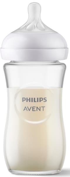 Clear glass baby bottle with a white plastic cap and a soft, silicone nipple, labeled "PHILIPS AVENT," designed for infants 1 month and older, with a capacity of 240ml.