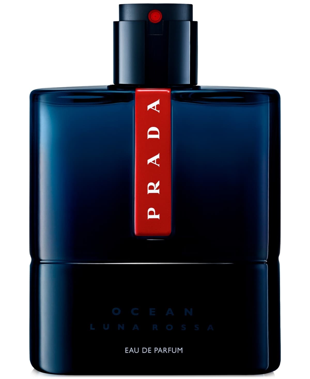 Dark blue glass bottle with a sleek design, featuring a prominent red label that reads "PRADA" and "OCEAN LUNA ROSSA," topped with a black cap and a spray nozzle.