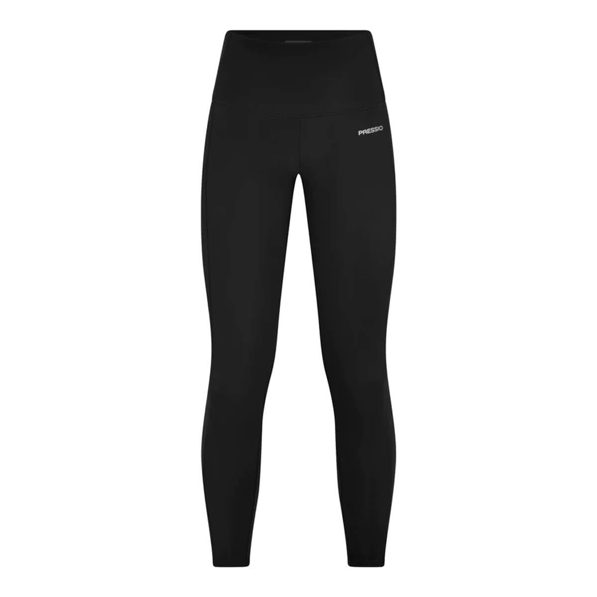 High-rise black leggings by Pressio, made from eco-friendly material, featuring a sleek design and a subtle logo on the waistband, available in size small.