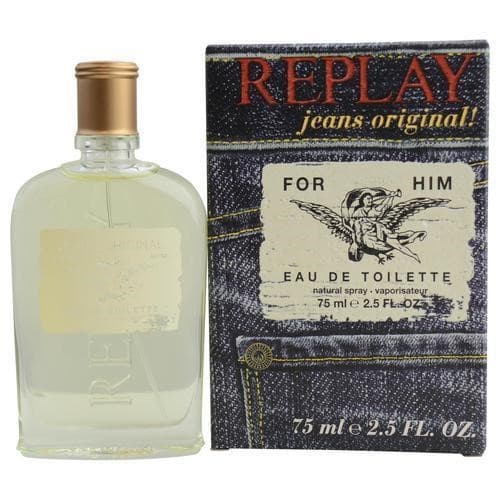 Clear glass bottle with a gold cap, featuring a minimalist label; packaged in a denim-themed box with "REPLAY jeans original!" and "FOR HIM" printed on it.