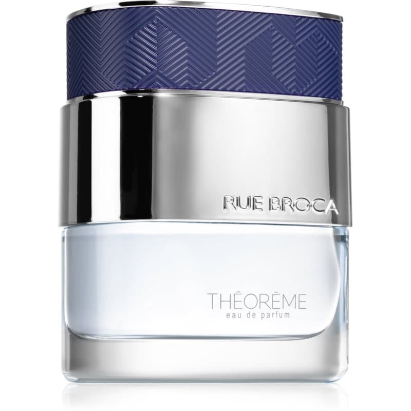 Clear glass bottle with a silver cap and a textured navy blue lid, featuring the label "THÉORÈME" and "RUE BROCA," containing 3 oz of men's eau de parfum.