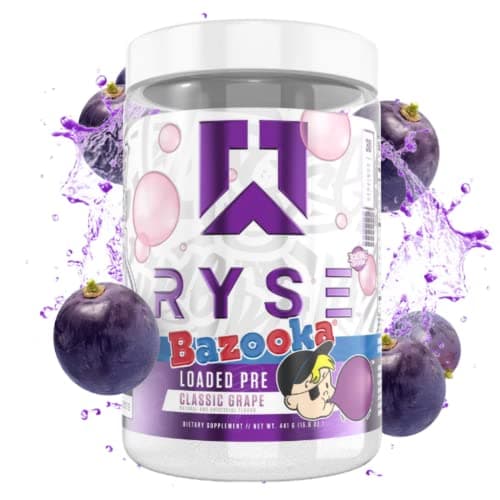 RYSE Loaded Pre-Workout in a clear container with a purple label, featuring a cartoon character and grape imagery, highlighting the flavor "Classic Grape."