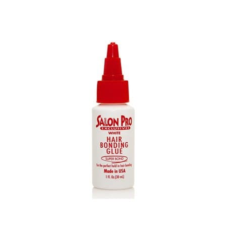 White 1oz bottle of Salon Pro Exclusives Bonding Glue with a red cap, featuring bold red text stating "Hair Bonding Glue" and "Super Bond" on the front.