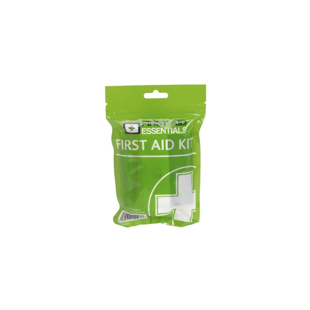 Bright green first aid grab bag with a white cross symbol, featuring a resealable top and labeled "FIRST AID KIT," made of durable plastic material.