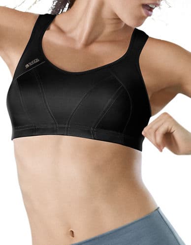 Black Shock Absorber Multi Sports Bra in size 34G, featuring a sleek design with supportive straps and a smooth, stretchy material ideal for various sports activities.