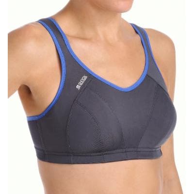 Grey multi sports bra with blue accents, featuring a v-neck design, adjustable straps, and padded cups for support, suitable for various sports activities.