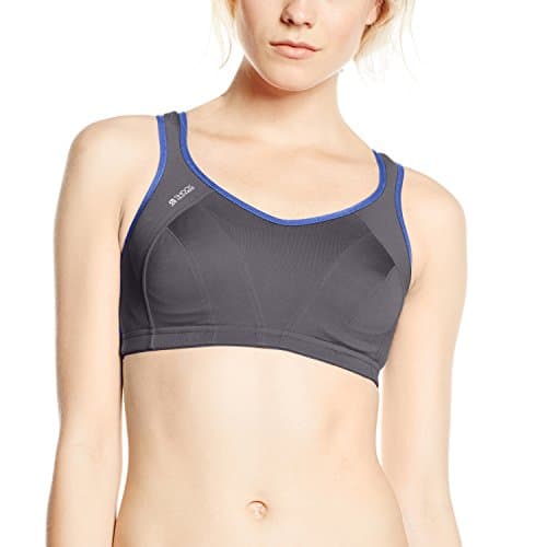 Grey sports bra with blue accents, featuring a supportive design, adjustable straps, and a comfortable fit, labeled as "Shock Absorber Multi Sports Bra" in size 38 G.