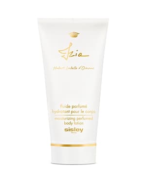 White tube with gold accents, labeled "Izia" in elegant script, containing moisturizing perfumed body lotion by Sisley-Paris.
