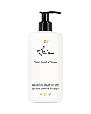 White bottle with a black pump top, featuring elegant script labeling "Izia" and "gel parfumé douche et bain," designed for bath and shower use by Sisley-Paris.