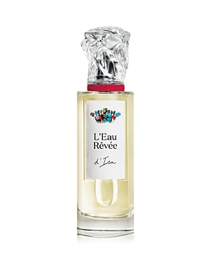 Clear glass bottle with a crystal-like cap, featuring a white label with colorful artwork and the text "L'Eau RÃĒvÊe d'Isa" in elegant font, containing 3.3 oz of fragrance.