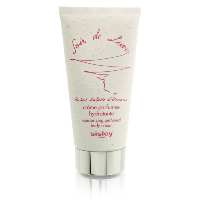 White tube with a speckled design, featuring pink script and a silver cap, labeled "Soir De Lune Moisturizing Perfumed Body Cream" by Sisley-Paris.