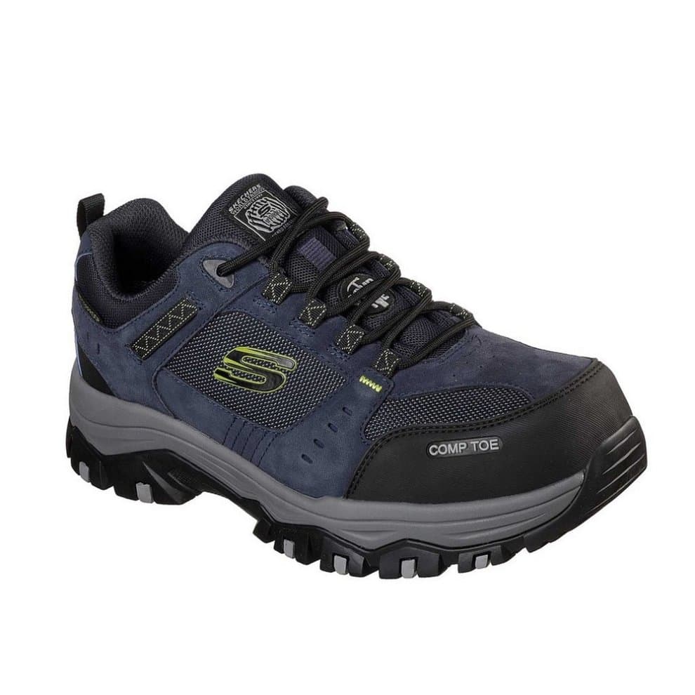 Navy Skechers Men Greetah Safety Hiker features a composite toe, durable suede and mesh upper, lace-up closure, and rugged black outsole, size 11.