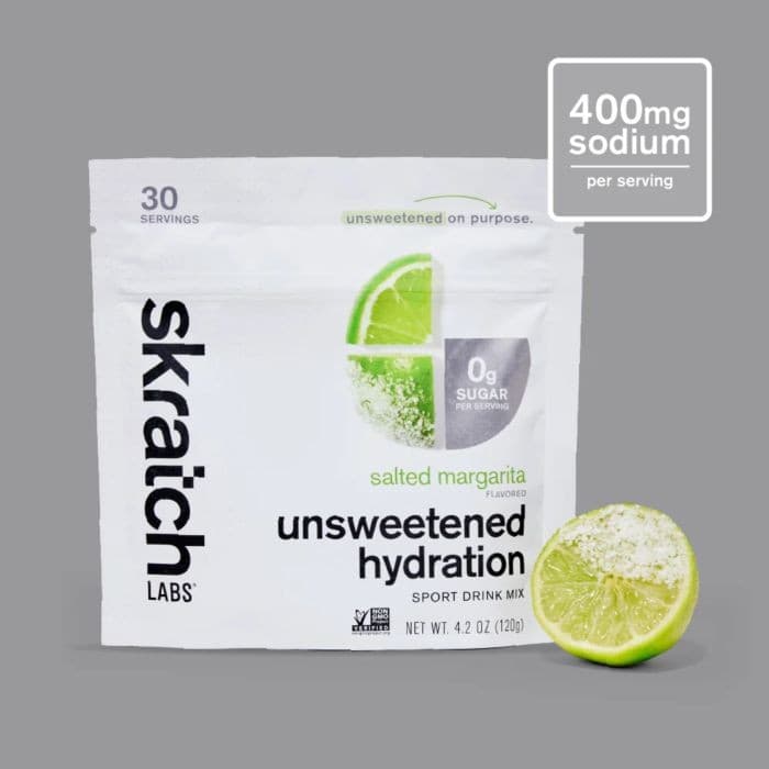 Skratch Labs unsweetened hydration sport drink mix in a white pouch, featuring a green lime graphic and text indicating "Salted Margarita" and "0g Sugar," with 30 servings per pack.