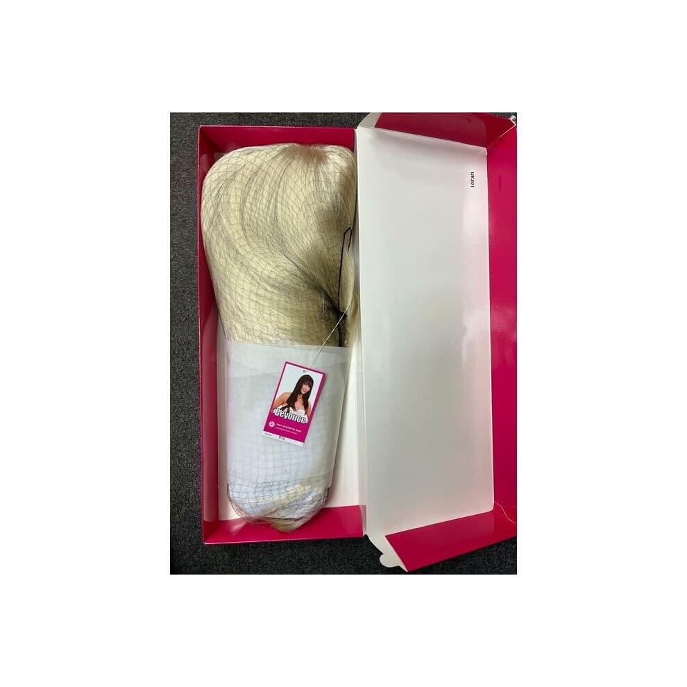 Sleek BEYONCE synthetic wig in light blonde (613) with a fringe, packaged in a pink box, showcasing its smooth texture and high-quality material.