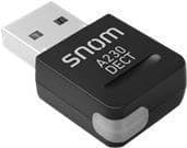 Black Snom A230 DECT USB adapter with a sleek design, featuring a prominent logo and a small LED indicator on the side.